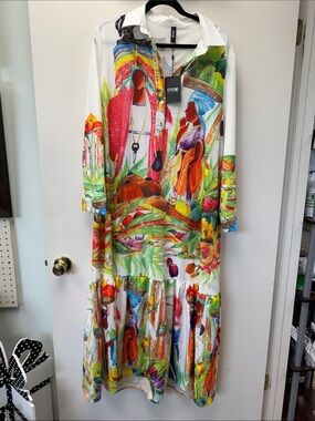 STYLEWE White Multicolor Tropical Print Long Sleeve Shirt Dress